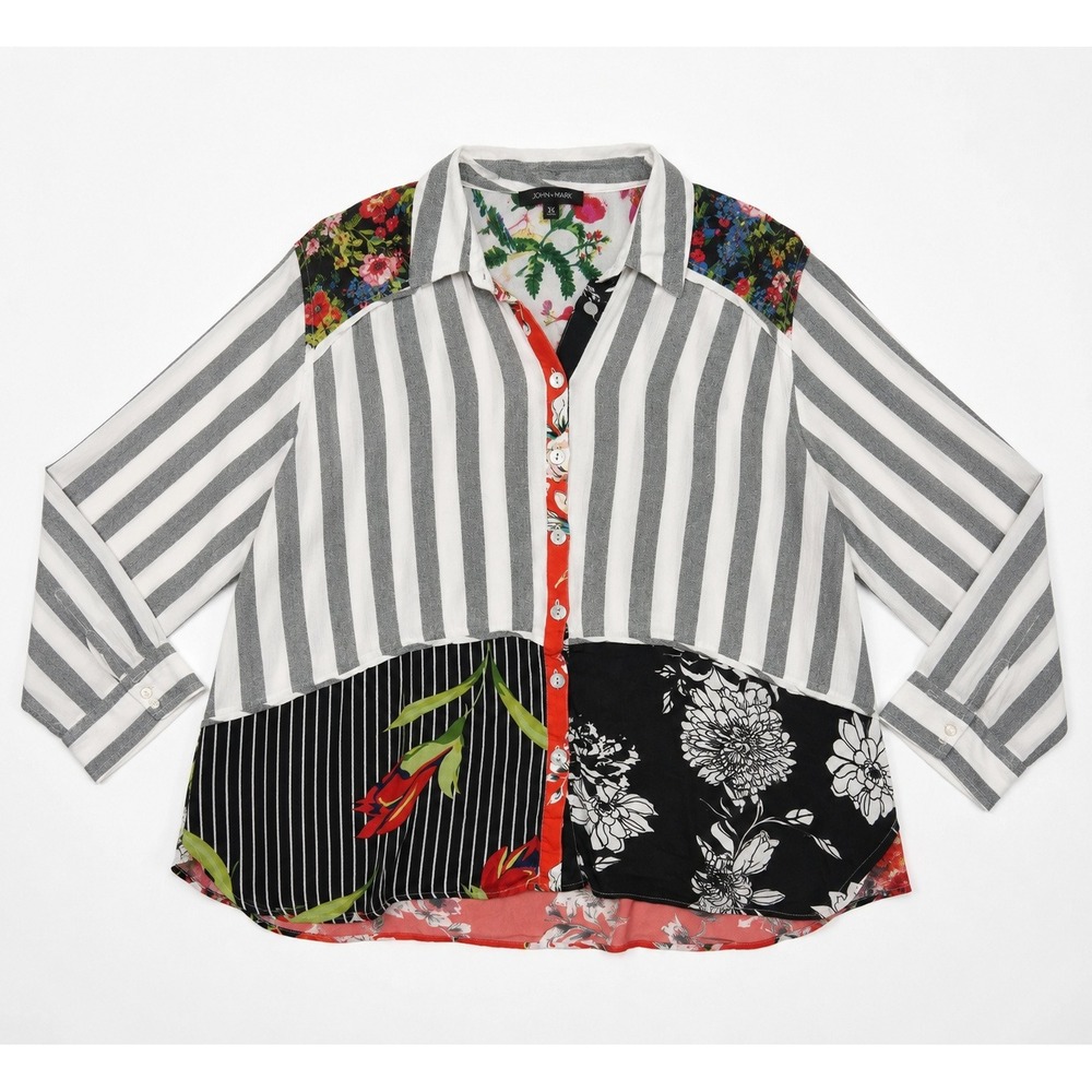 John Mark Mixed Print Floral Stripe Patchwork Button Down Blouse Top 3X